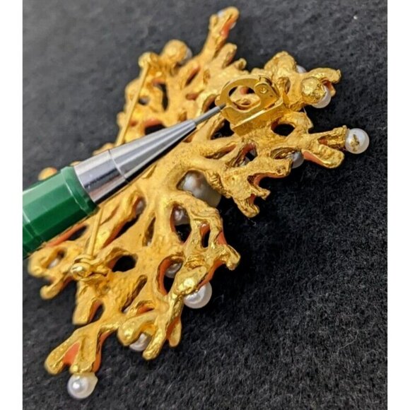 KJL KENNETH J LANE Large Enamel Brooch Coral Branch Faux Pearl Vintage Pin - Picture 6 of 16